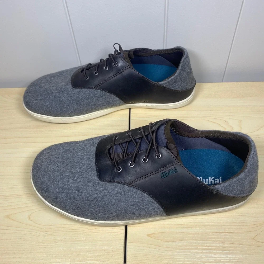 OluKai Nohea Moku Hulu Grey Wool Leather Drop-In Sneaker Shoes Men's 9.5‎